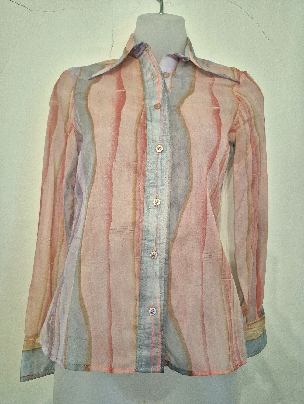 Women’s Vintage Sheer Pastel Striped Button-Up Blouse